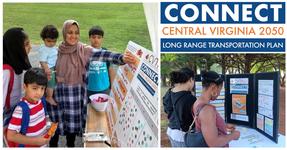 Connect Central Virginia 2050 Long Range Transportation Plan logo, plus individuals responding to survey.